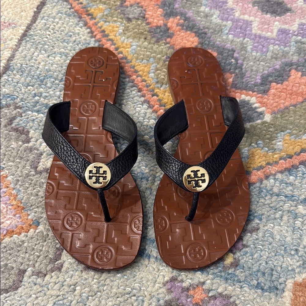 Tory Burch Black Leather Flip Flops